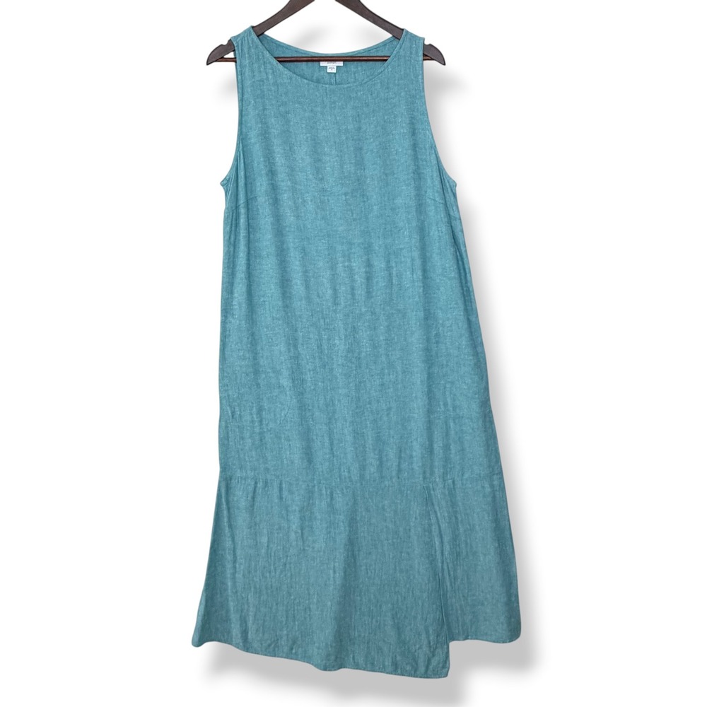 Pure Jill J. Jill Dress M Teal Sleeveless Linen Viscose Maxi Pockets Layered Hem